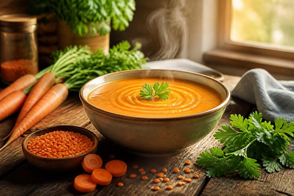 découvrez notre recette facile de potage aux lentilles corail et carottes, idéal pour une alimentation saine et réconfortante. parfait pour vos repas équilibrés et gourmands.